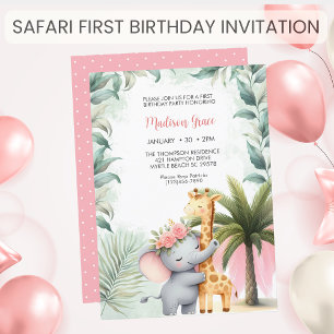 Girls Safari Animals Blommigt Tropical Birthday Inbjudningar