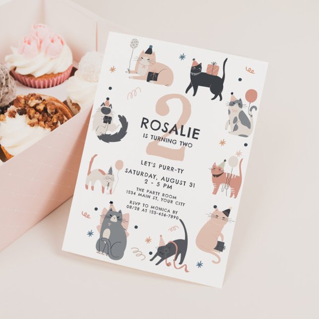 Girls Second Birthday Pink Cat  Inbjudningar (Girls Cat Themed Birthday Invite)