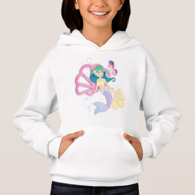 Girls Sjöjungfru Hoodie Youth X-Small till Large T Shirt (Framsida)
