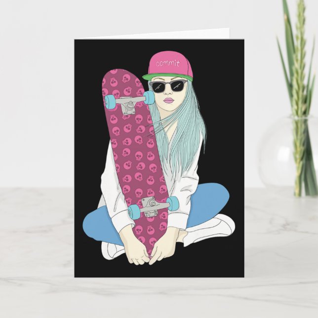 Girls Skate Skateboard Skateboarding Do A Kickflip Kort (Framsida)