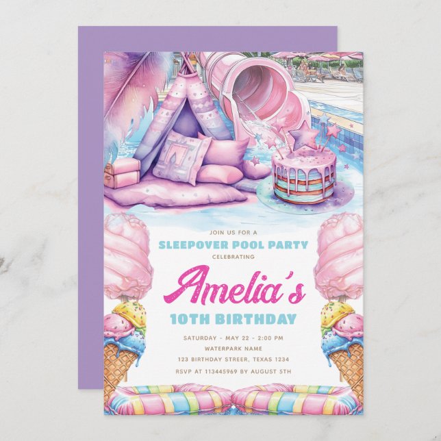 Girls Sleepover Pool Party Inbjudningar (Fram/baksida)
