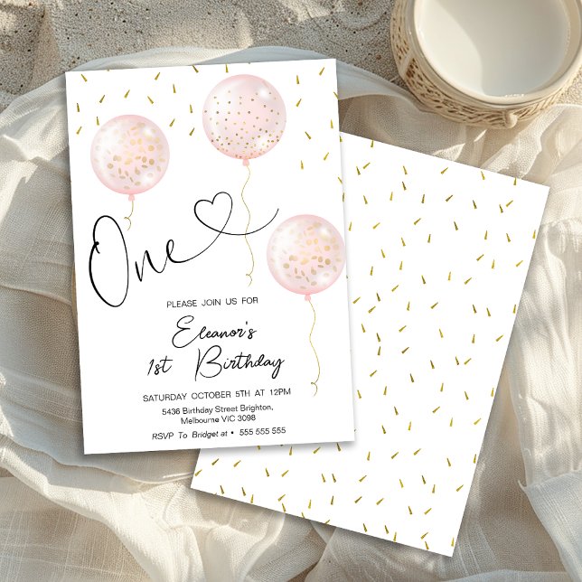Girls Sprinkles Rosa Balloons 1:a födelsedagen Inbjudningar (Girls First Birthday Invitation, First Birthday Girl Invitation, Pink Balloons Sprinkles, Modern)