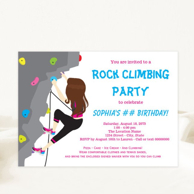 Girls Sten klättrande Födelsedagsfest inbjudan (Cute colorful rock climbing party invitation.)