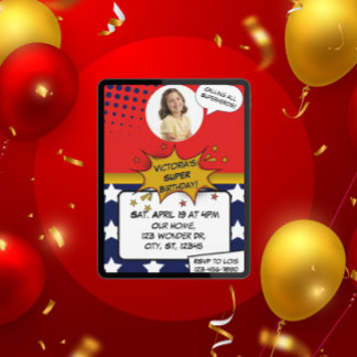 Girls Superhero Red, Blue, Gold & Stars Birthday Inbjudningar