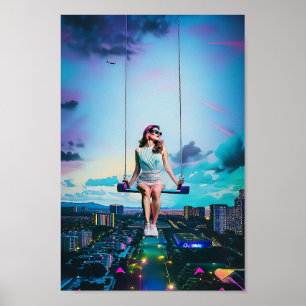 Girl's Swing Ride Above Synthwave City Poster