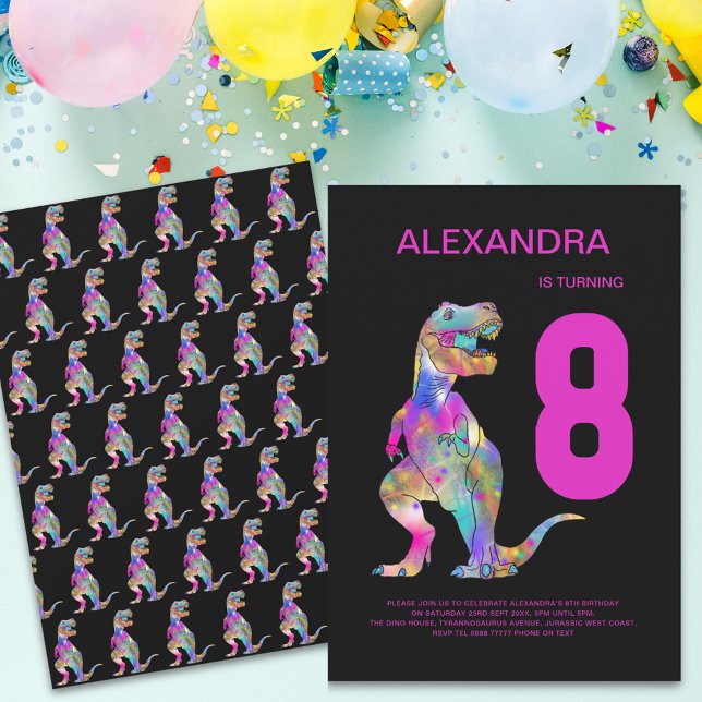 Girls T-Rex Dinosaur 8:e Födelsedagsfestens Rosa Inbjudningar (Girls dinosaur colorful T-Rex 8th birthday party pink and black invitation modern typography )