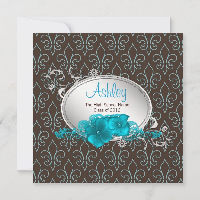 Girls Teal Blue Brown Fleur De Lis Studenten Inbjudningar (Framsida)
