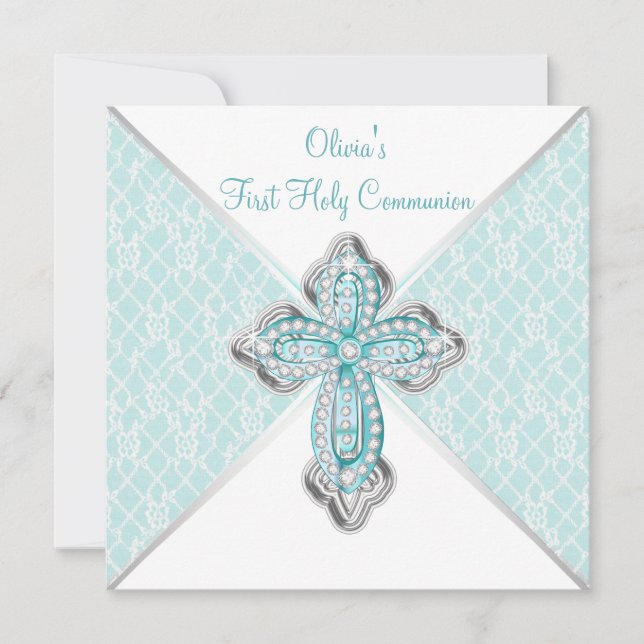 Girls Teal Blue First Heliga Communion Inbjudningar (Framsida)