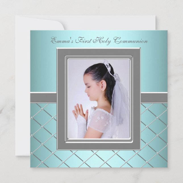 Girls Teal Blue Photo First Communion Inbjudningar (Framsida)