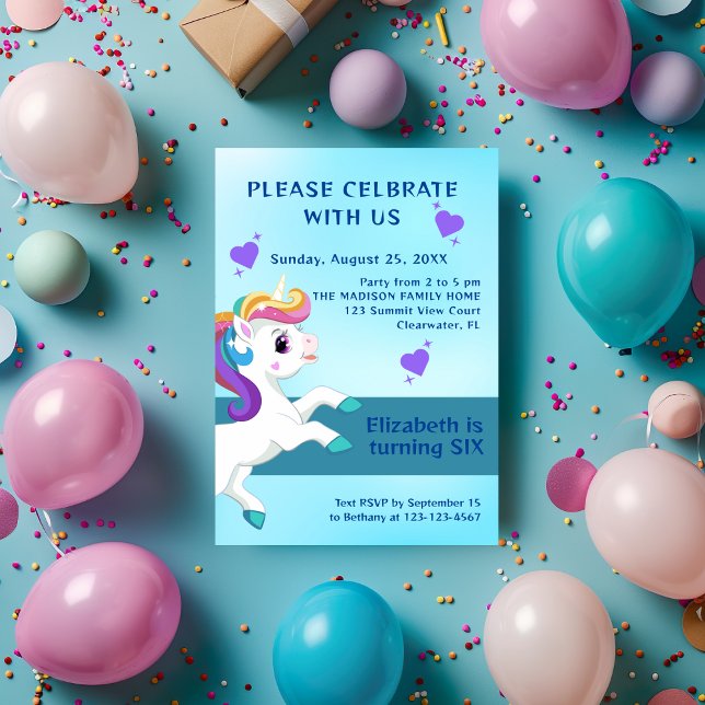 Girls Teal Unicorn BIrthday-inbjudan Inbjudningar (Skapare uppladdad)