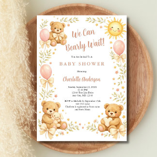 Girls Teddy Bear We Can Bearly Wait Baby Shower Inbjudningar