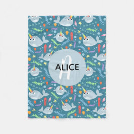 Girls Trendig Narwhal Mönster Monogram & Namn Kids Fleecefilt