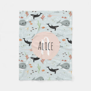 Girls Trendig Ocean Whale Mönster Monogram Kids F Fleecefilt