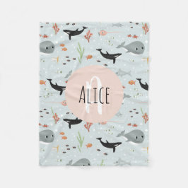 Girls Trendig Ocean Whale Mönster Monogram Kids Fl Fleecefilt