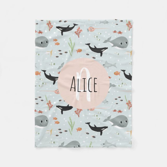 Girls Trendig Ocean Whale Mönster Monogram Kids Fl Fleecefilt (Framsidan)