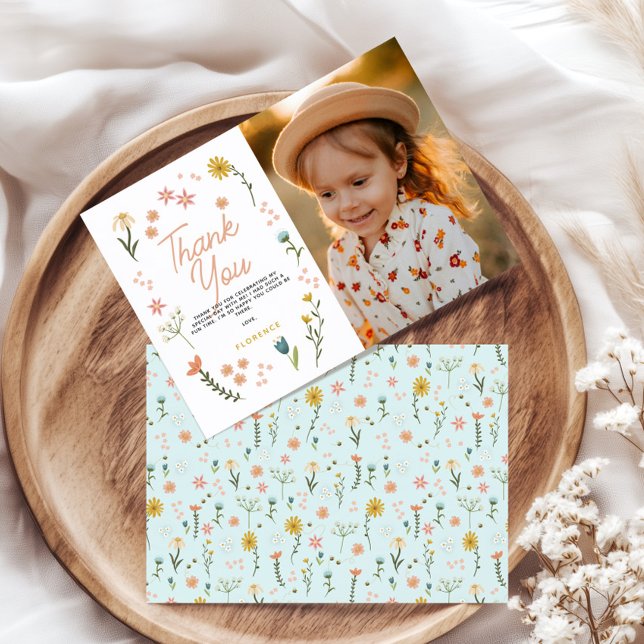 Girls Two Wild Boho Wildflower Birthday Photo Tack Kort (Skapare uppladdad)