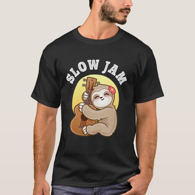 Girls Ukulele Uke Guitar Slow Jam Cute Sloth T Shirt (Framsida)