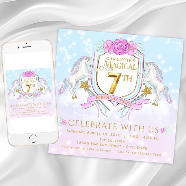 Girls Unicorn 7:e Födelsedagsfest inbjudan (Pretty unicorn 7th birthday party invitation. Download and printed invitations available.)