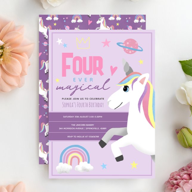 Girls Unicorn Four Ever Magical 4th Birthday Inbjudningar (Skapare uppladdad)