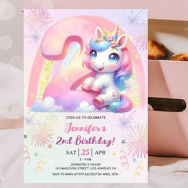 Girls Unicorn Magic Rainbow 2:a födelsedagen Party Inbjudningar (#UnicornBirthdayInvitation #UnicornBirthdayInvitationTemplate #UnicornBirthdayInvitationEditable 
)