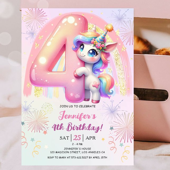 Girls Unicorn Magic Rainbow 4e födelsedagen Party Inbjudningar (
#UnicornBirthdayInvitation #UnicornBirthdayInvitationTemplate #UnicornBirthdayInvitationEditable )