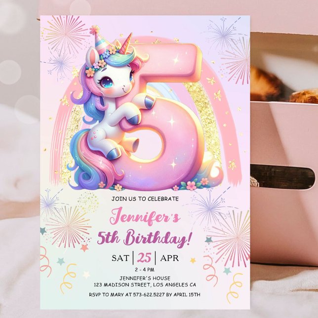 Girls Unicorn Magic Rainbow 5:e Födelsedagsfesten Inbjudningar (#UnicornBirthdayInvitation #UnicornBirthdayInvitationTemplate #UnicornBirthdayInvitationEditable)