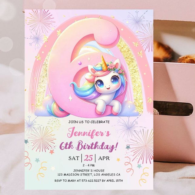 Girls Unicorn Magic Rainbow 6e Födelsedagsfest Inbjudningar (#UnicornBirthdayInvitation #UnicornBirthdayInvitationTemplate #UnicornBirthdayInvitationEditable)