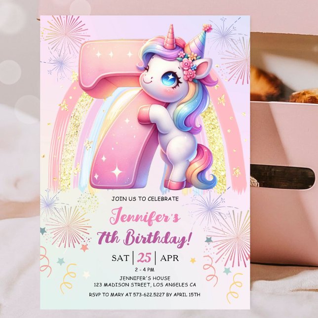 Girls Unicorn Magic Rainbow 7:e Födelsedagsfest Inbjudningar (#UnicornBirthdayInvitation #UnicornBirthdayInvitationTemplate #UnicornBirthdayInvitationEditable )