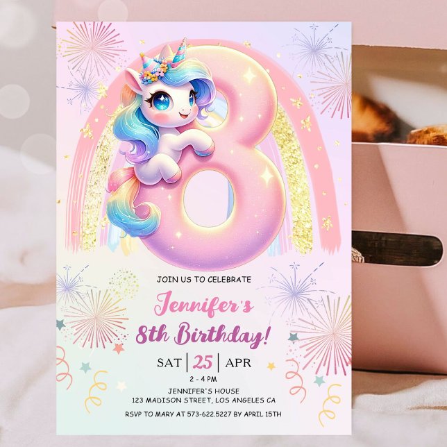 Girls Unicorn Magic Rainbow 8:e Födelsedagsfesten Inbjudningar (#UnicornBirthdayInvitation #UnicornBirthdayInvitationTemplate #UnicornBirthdayInvitationEditable)