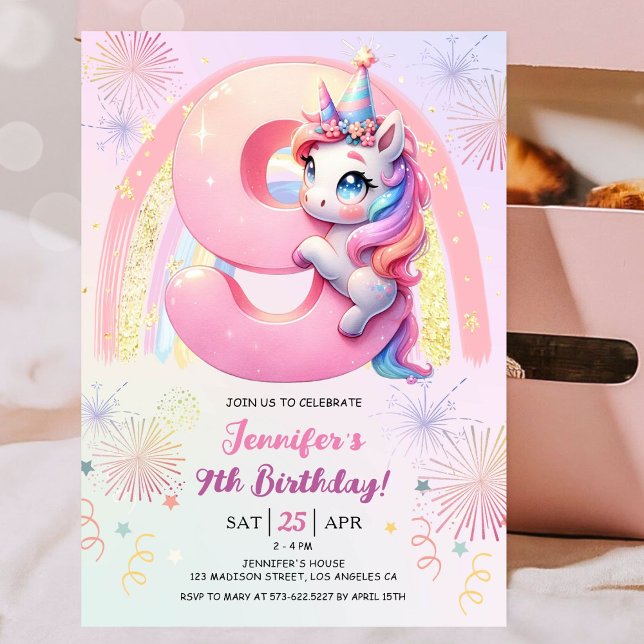 Girls Unicorn Magic Rainbow 9:e Födelsedagsfesten Inbjudningar (#UnicornBirthdayInvitation #UnicornBirthdayInvitationTemplate #UnicornBirthdayInvitationEditable 
)