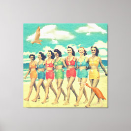 Girls Walking Beach Retro Collage Canvastryck