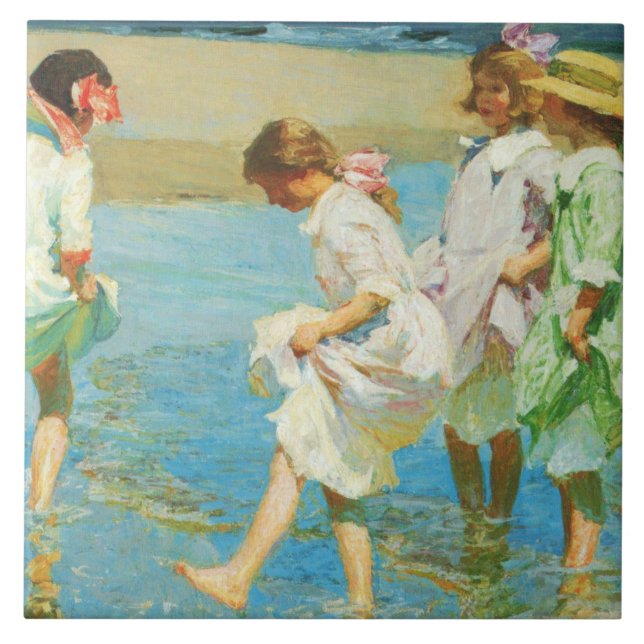 Girls Walking i Vatten vid Seaside Kakelplatta (Framsidan)