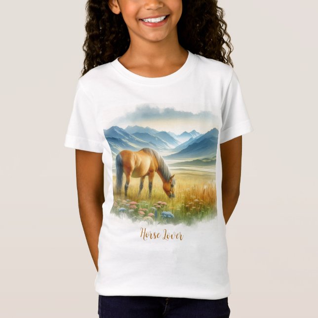 Girls Watercolor Horse Lover T Shirt (Framsida)