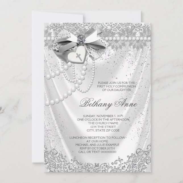 Girls White Satin First Communion Inbjudningar (Framsida)