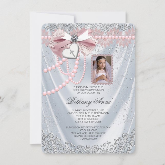 Girls White Satin Photo First Communion Inbjudningar (Framsida)