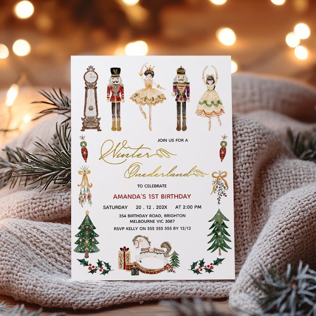 Girls Winter Onederland Nutcracker 1:a födelsedage Inbjudningar (Nutcracker Winter Onederland 1st Birthday Invitation, Winter Onederland Nutcracker Ballet Birthday )
