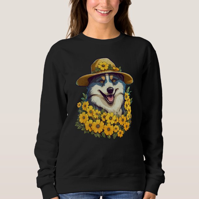 Girls Women Mom Siberian Husky Dog Sunflower Puppy T Shirt (Framsida)