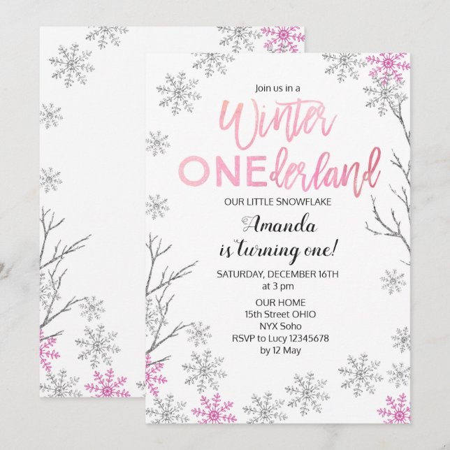 GIRLWinter ONEderland rosa födelsedaginbjudan Inbjudningar (Fram/baksida)