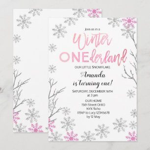 GIRLWinter ONEderland rosa födelsedaginbjudan Inbjudningar