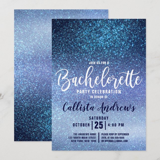 Girly Aqua Baby blue Triple Glitter Bachelorette Inbjudningar (Fram/baksida)