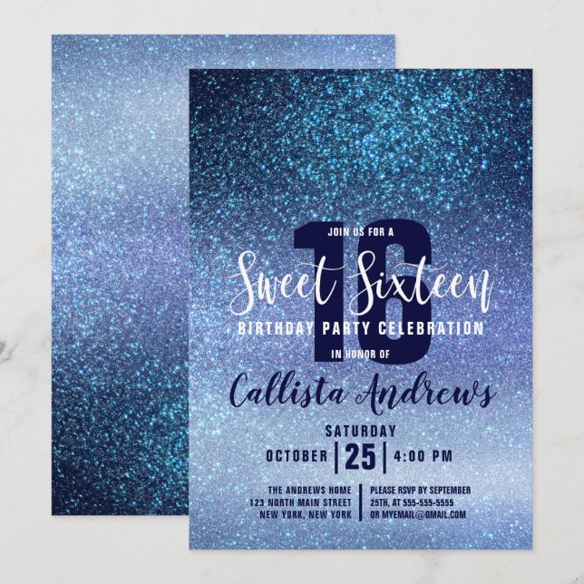 Girly Aqua Baby blue Triple Glitter Ombre Sweet 16 Inbjudningar (Fram/baksida)