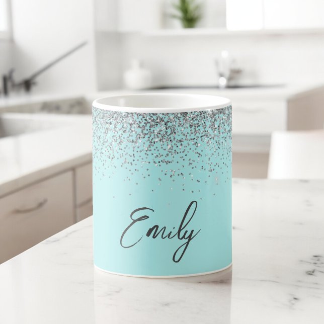 Girly Aqua Blå Teal Glitter Gnistrande Kaffemugg (Skapare uppladdad)