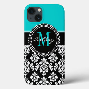 Girly Aqua Black Damask din Monogram Namn