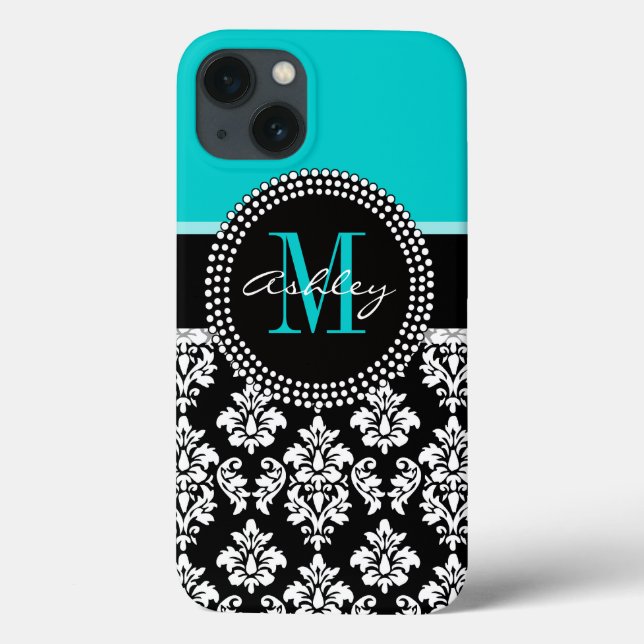 Girly Aqua Black Damask din Monogram Namn (Baksida)