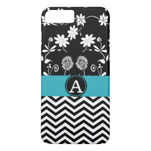 Girly Aqua Black & White Chevron Monogram Namn