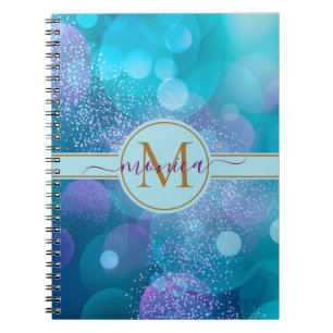 Girly Aqua Blue Bokeh Guld Glitter Monogram Namn Anteckningsbok