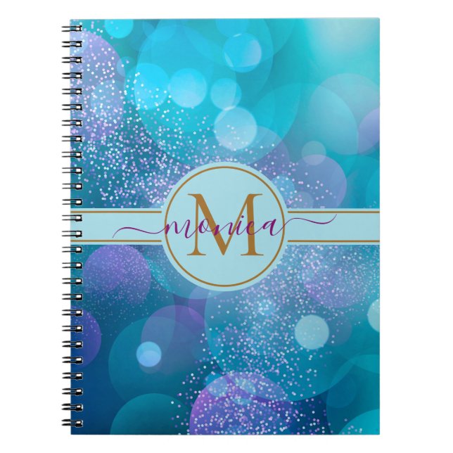 Girly Aqua Blue Bokeh Guld Glitter Monogram Namn Anteckningsbok (Framsidan)