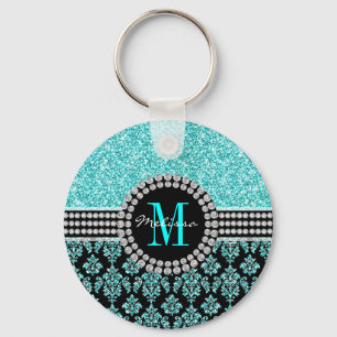 Girly Aqua Blue Glitter Monogram Damask Namn Nyckelring