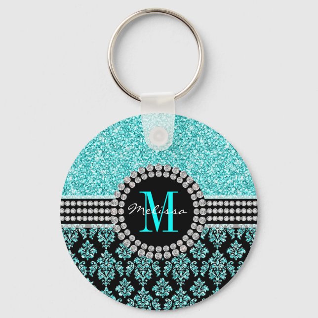 Girly Aqua Blue Glitter Monogram Damask Namn Nyckelring (Framsida)