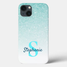 Girly Aqua Blue Glitter Ombre Monogram